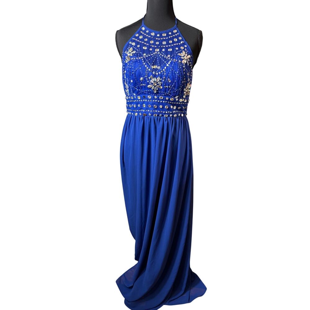 Y2K B Darlin Royal Blue Heavily Embellished Halter Chiffon Juniors 9/10 Formal - Picture 2 of 13